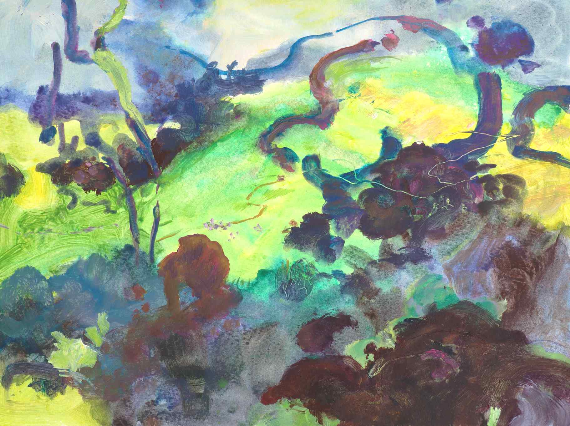 dunkle Regenwolken und Berge über hellgrünen Wiesen