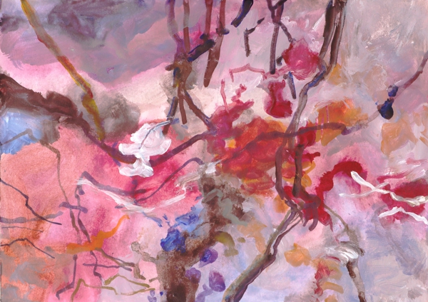 rote Farbverdichtung, braune Äste in roter und rosaner Landschaft